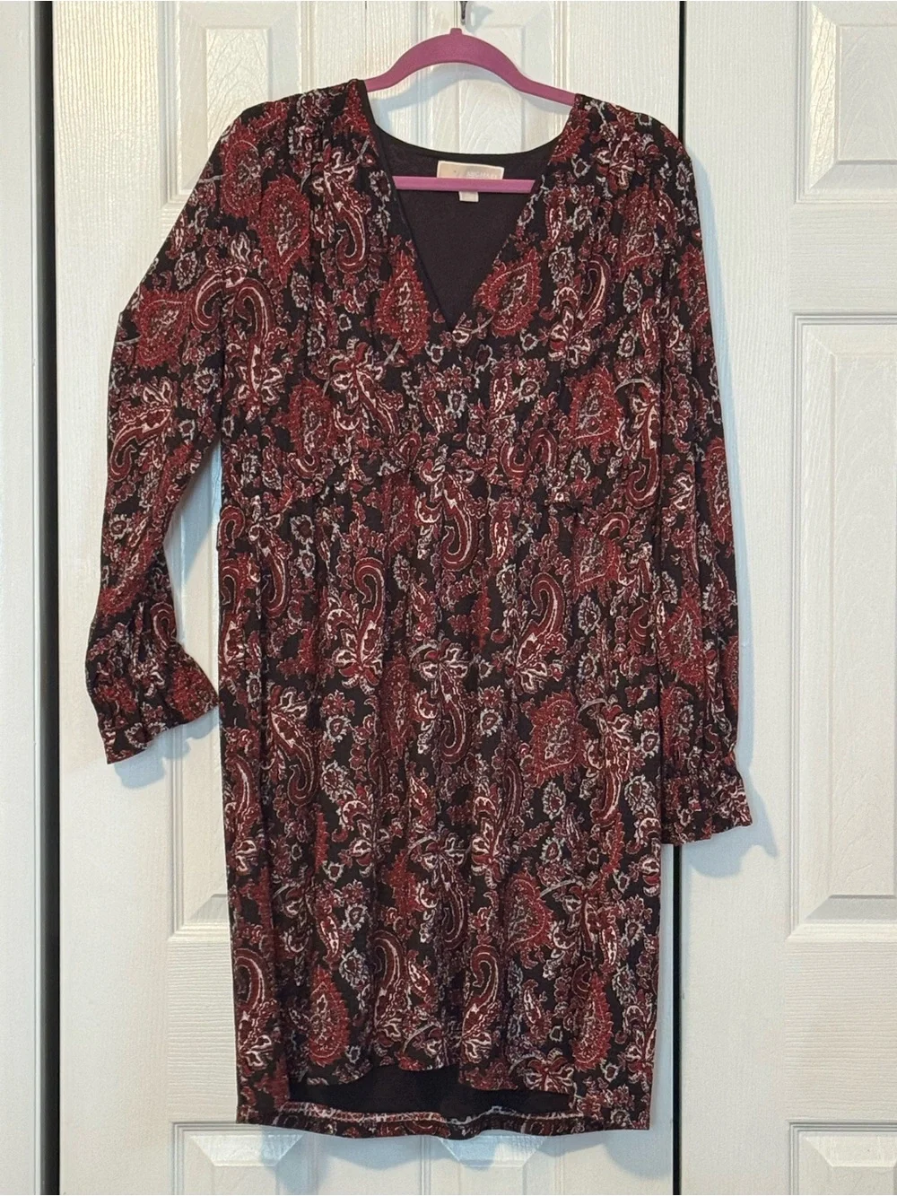 Michael Kors Burgundy and Black Paisley V-Neck Long Sleeve Dress